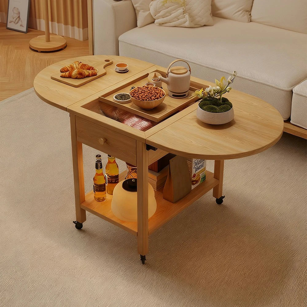 LIVARA Folding Coffee Table, 3-in-1 Convertible Design with Drawer, Solid Wood Frame, Extendable Top, Storage Shelf & Lockable Casters - Wood - Image 2
