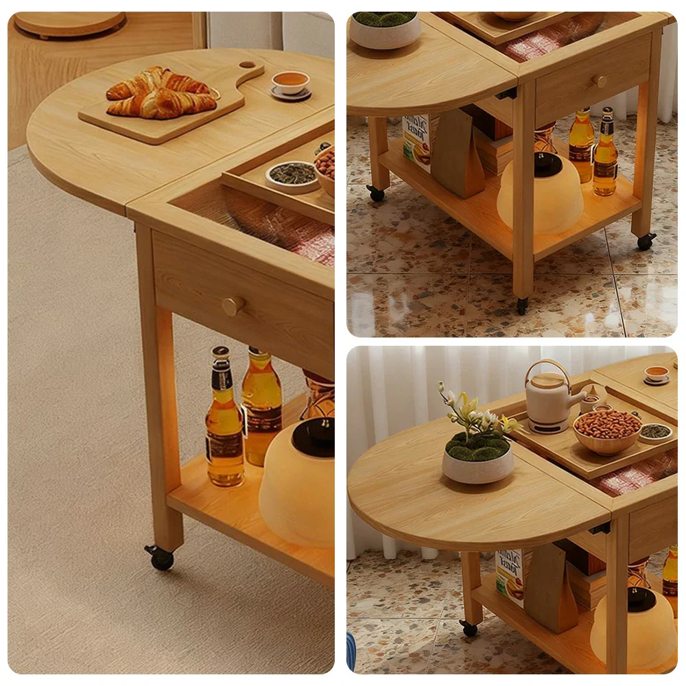 LIVARA Folding Coffee Table, 3-in-1 Convertible Design with Drawer, Solid Wood Frame, Extendable Top, Storage Shelf & Lockable Casters - Wood - Image 3