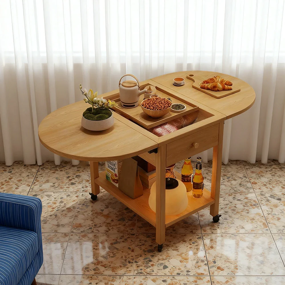 LIVARA Folding Coffee Table, 3-in-1 Convertible Design with Drawer, Solid Wood Frame, Extendable Top, Storage Shelf & Lockable Casters - Wood - Image 4