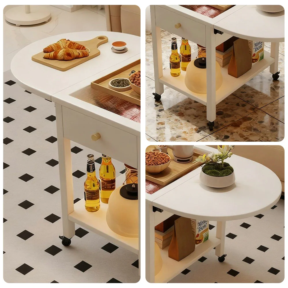 LIVARA Folding Coffee Table, 3-in-1 Convertible Design with Drawer, Solid Wood Frame, Extendable Top, Storage Shelf & Lockable Casters - White - Image 3