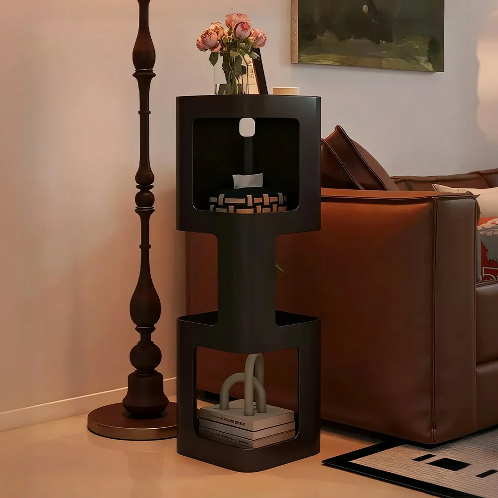 LIVARA 3-Tier Storage Side Table, Heavy-Duty Iron Frame, Raised Edges, Compact Design, Rounded Corners - Black - Image 4