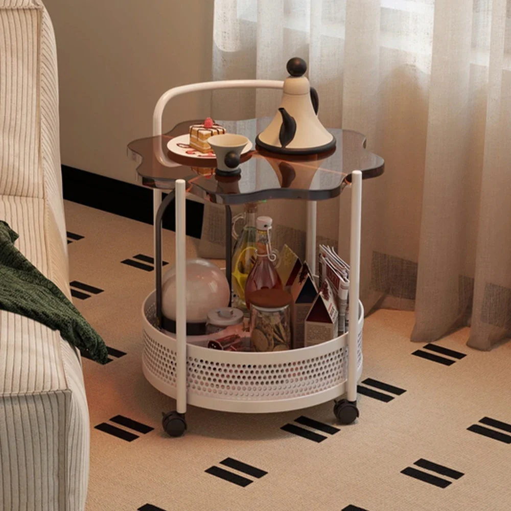 LIVARA Bedside Storage Table, Petal-Shaped Design, Tempered Glass Top, Dual-Tier Storage with Lockable Wheels - Brown - Image 4