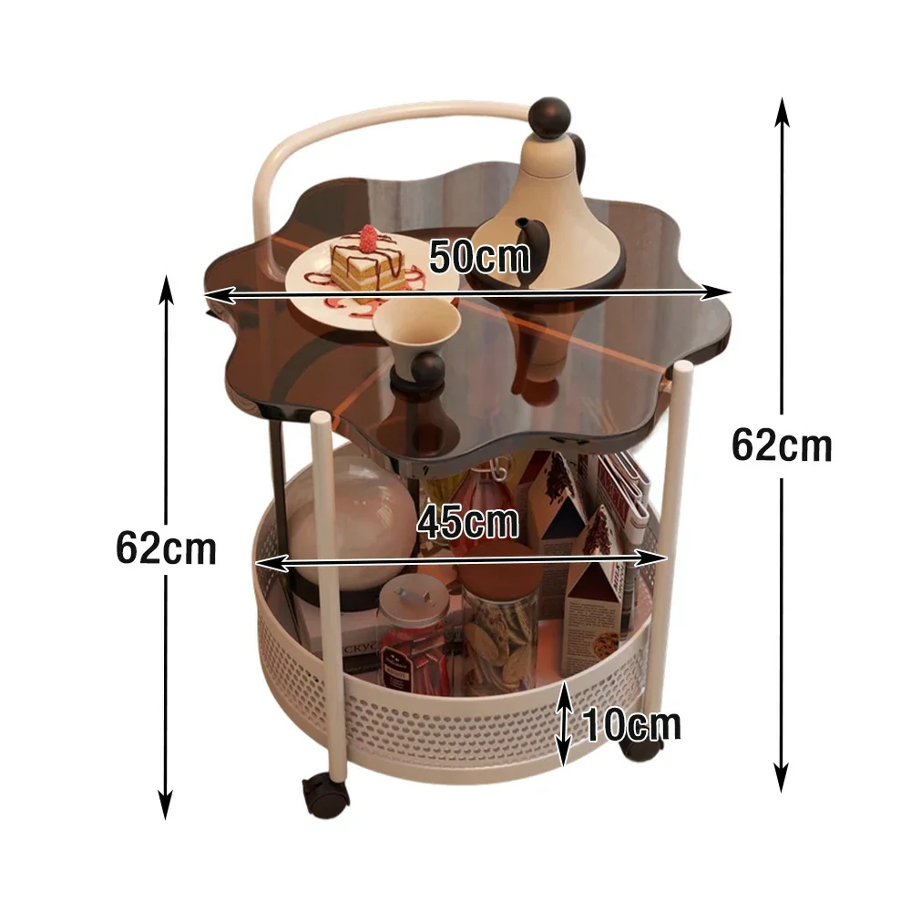 LIVARA Bedside Storage Table, Petal-Shaped Design, Tempered Glass Top, Dual-Tier Storage with Lockable Wheels - Brown - Image 5