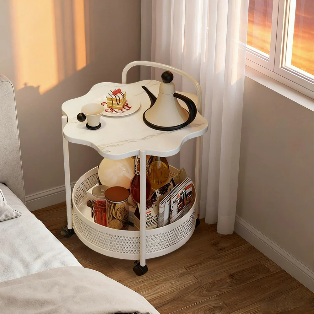 LIVARA Bedside Storage Table, Petal-Shaped Design, Sintered Stone Top, Dual-Tier Storage with Lockable Wheels - White - Image 2