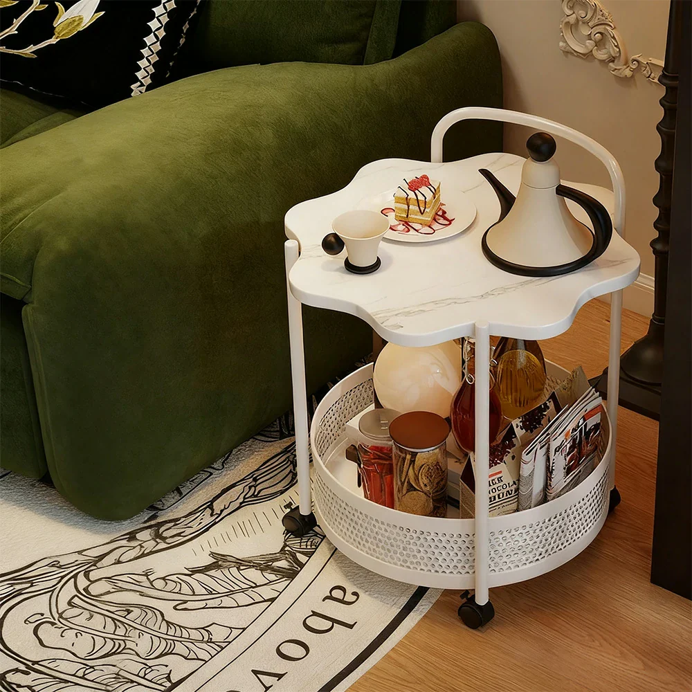 LIVARA Bedside Storage Table, Petal-Shaped Design, Sintered Stone Top, Dual-Tier Storage with Lockable Wheels - White - Image 4