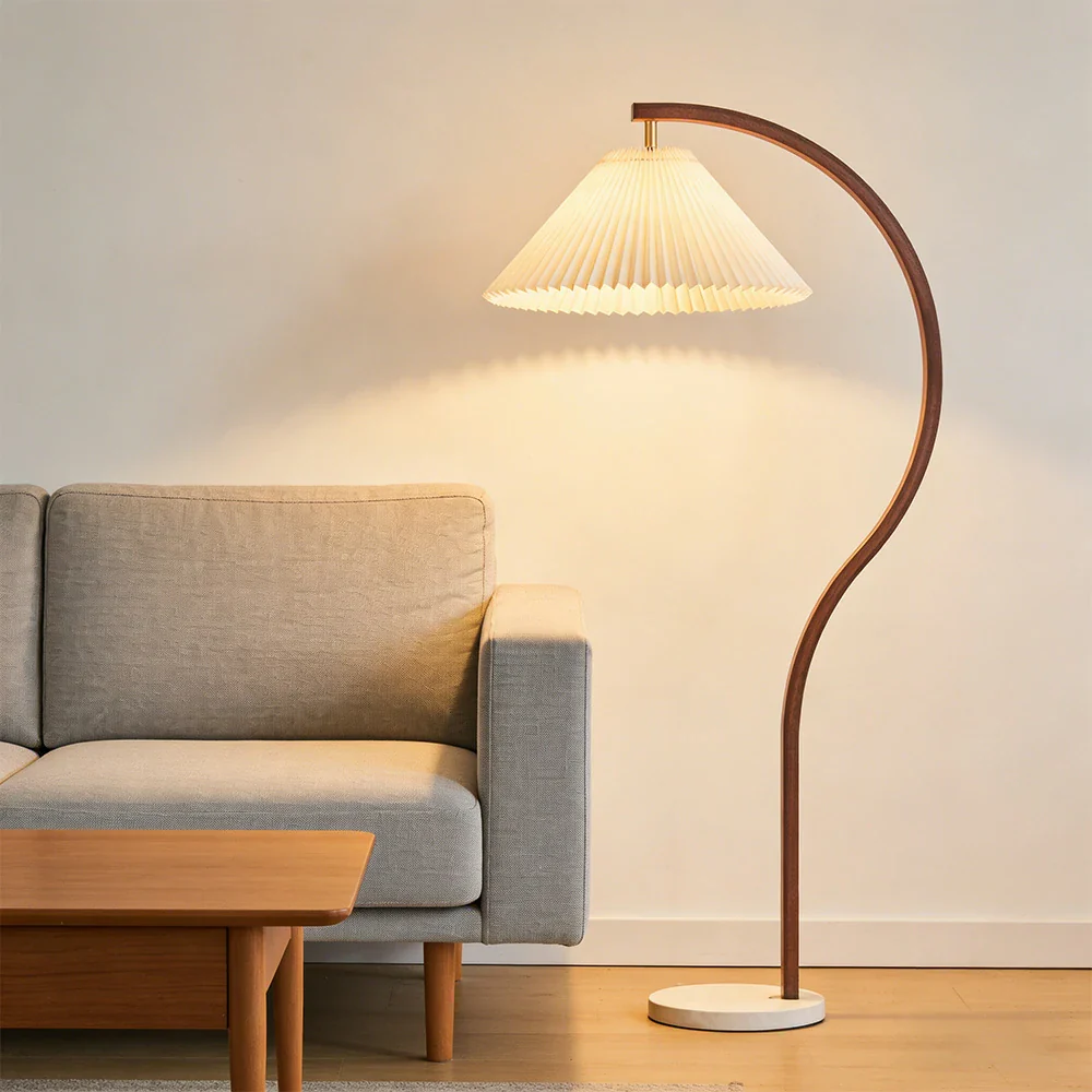 LIVARA Floor Lamp Three-Mode Lighting Fabric Shade Iron Body Marble Base Stable Design - Walnut - Image 2