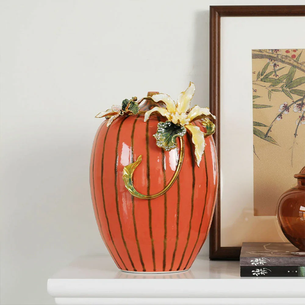 LIVARA Vintage Enamel Ceramic Vase - Sculptural Floral Relief with Handcrafted Gloss Finish, Elegant Statement Decor for Classic & Modern Interiors - Burnt Orange - Image 4