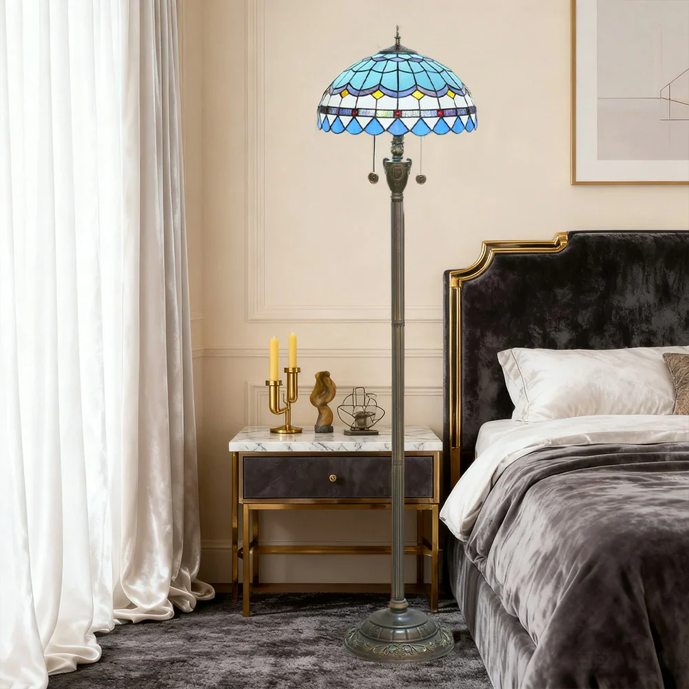 LIVARA Crystal Floor Lamp - High-Temperature Glass Shade, Copper Pendant, Dual Zipper Switch, E27 Socket, Adjustable Height for Soft Glow - Blue - Image 2