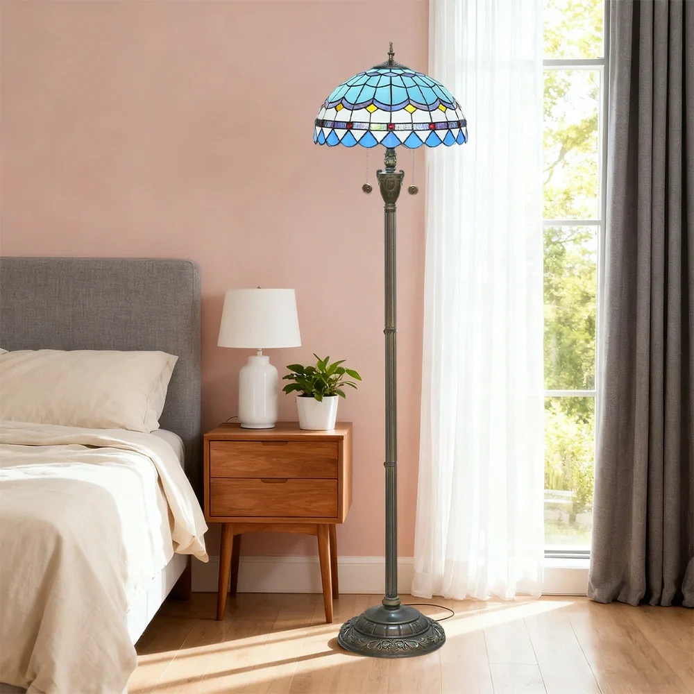 LIVARA Crystal Floor Lamp - High-Temperature Glass Shade, Copper Pendant, Dual Zipper Switch, E27 Socket, Adjustable Height for Soft Glow - Blue - Image 4