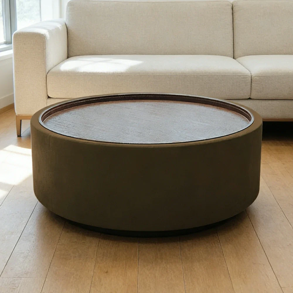 LIVARA Round Storage Coffee Table Hidden Storage Smooth Curved Design Modern Minimal Style - Brown - Image 2