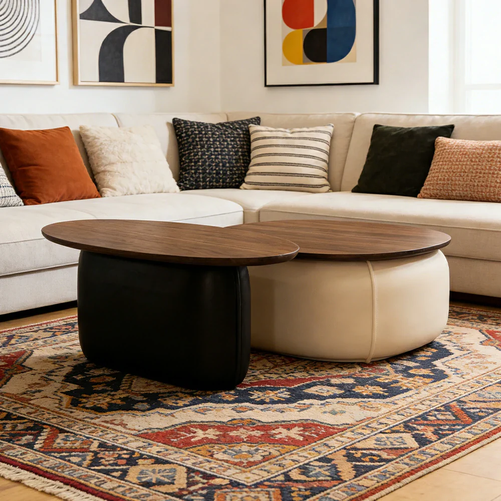 LIVARA Modular Coffee Table Set - Sculptural Rounded Design, Low Profile Stability, Premium Upholstered Base, Modern Minimal Style - White & Black Nappa Leather - Image 4