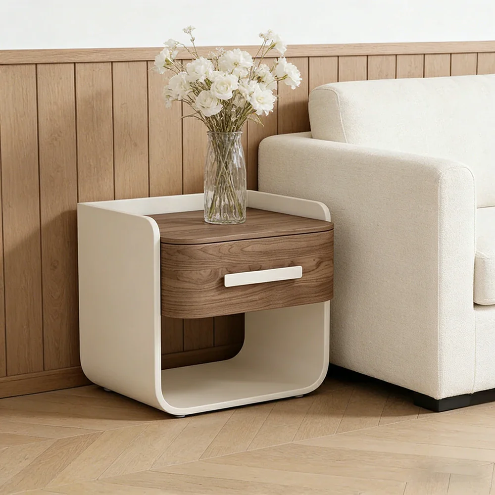 LIVARA Bedside Table - Large Drawer Storage, High-Gloss Piano Finish, Wood-Grain Veneer, Quiet Sliding Rails - White - Image 4