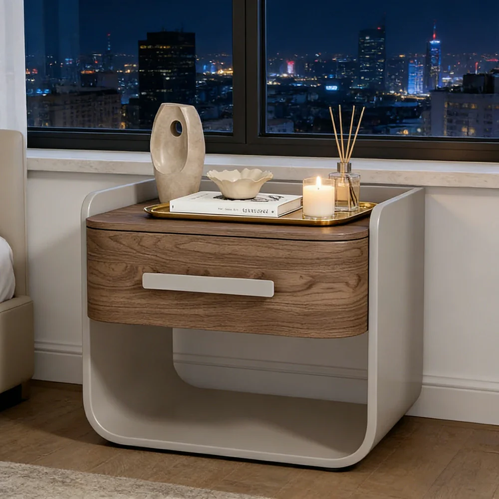 LIVARA Bedside Table - Large Drawer Storage, High-Gloss Piano Finish, Wood-Grain Veneer, Quiet Sliding Rails - Grey - Image 2