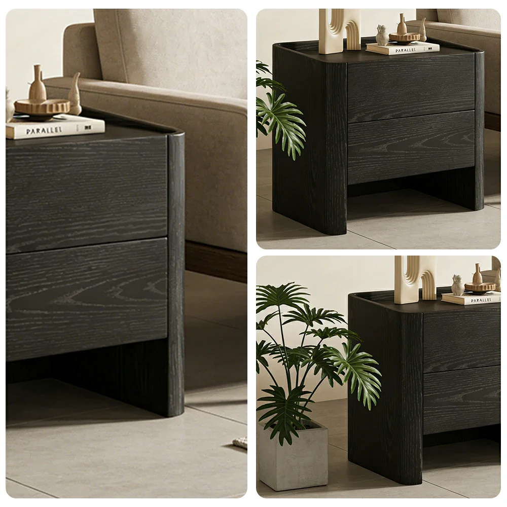 LIVARA Bedside Cabinet Soft-Close Drawer Natural Wood Veneer Hidden Handle Minimalist Design - Black - Image 3