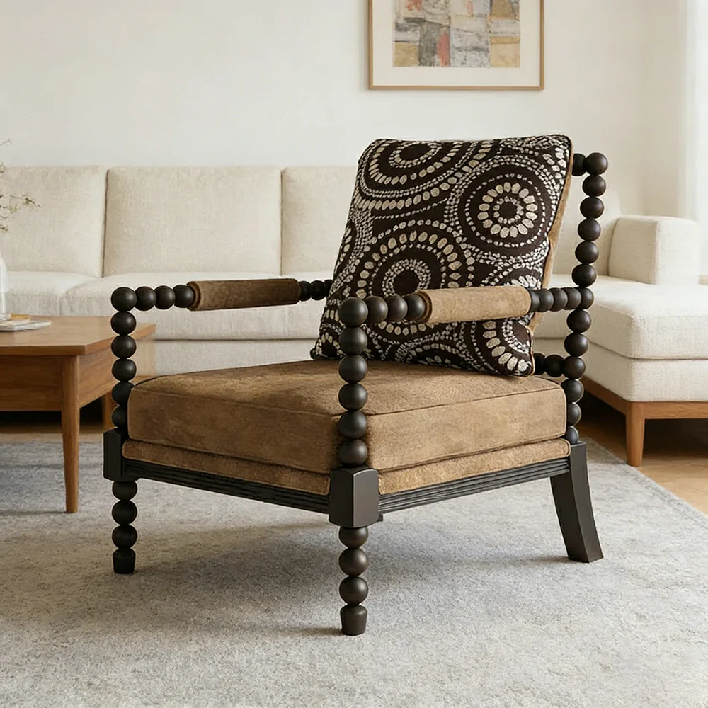 LIVARA Sofa Chair - Solid Wood Frame, Tree Ring Circular Design, Comfortable Accent Seating for Living Room or Bedroom - Coffee - Image 2