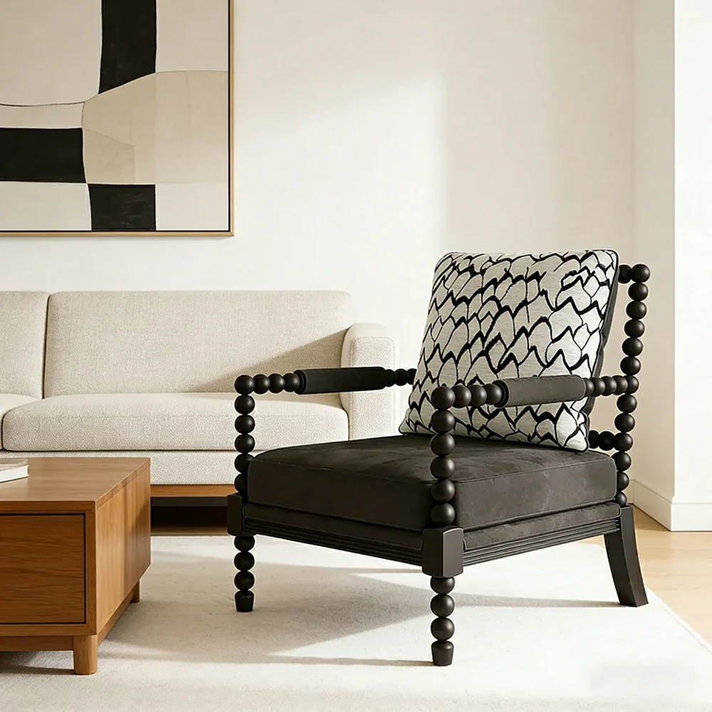 LIVARA Sofa Chair - Feather Jacquard Pattern, Solid Wood Frame, Comfortable Accent Seating for Living Room or Bedroom - Black - Image 4