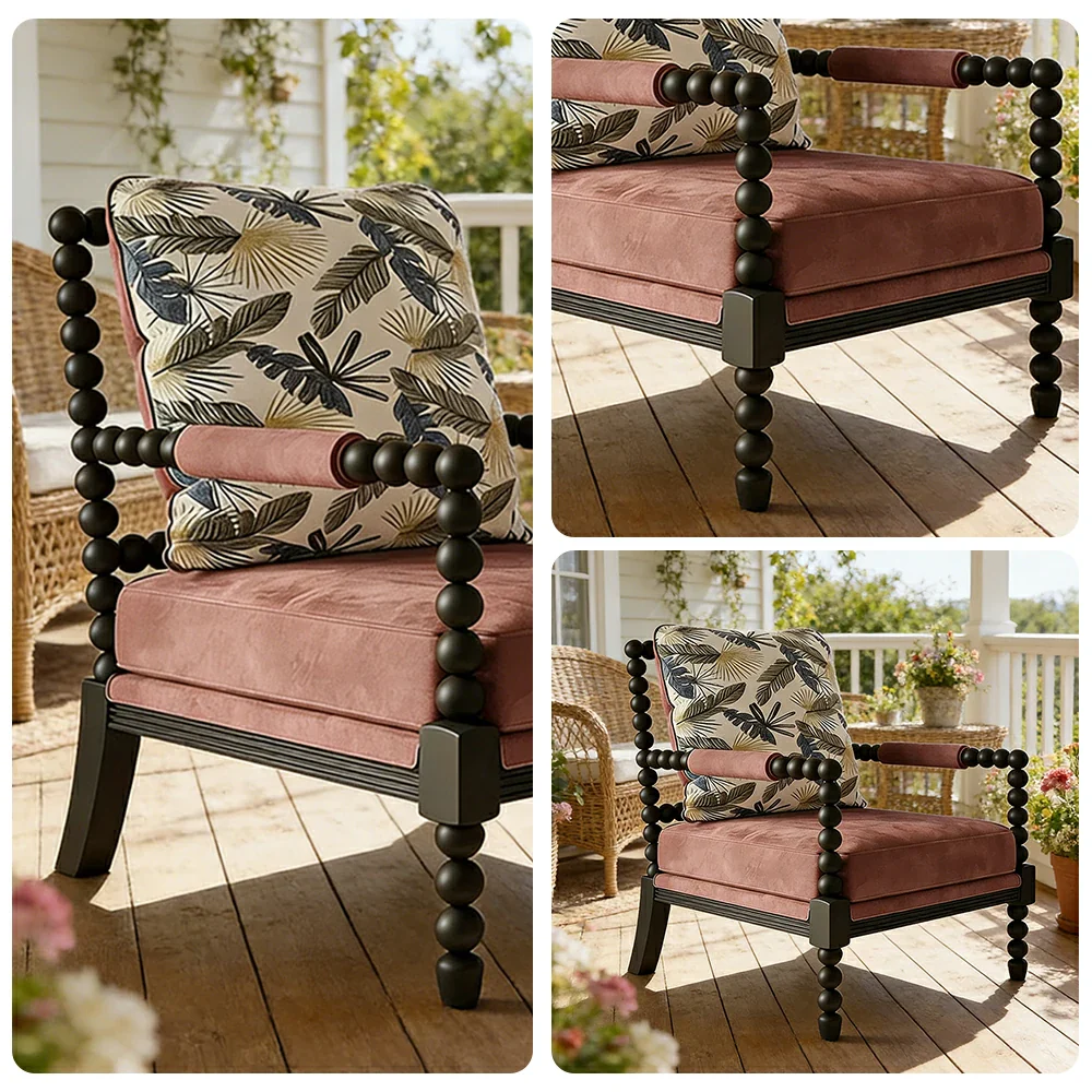 LIVARA Sofa Chair - Embroidered Falling Leaf Pattern, Solid Wood Frame, Comfortable Accent Seating for Living Room or Bedroom - Pink - Image 3