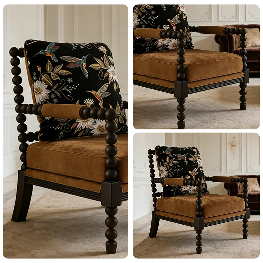 LIVARA Sofa Chair - Black Flying Bird Pattern, Solid Wood Frame, Comfortable Accent Seating for Living Room or Bedroom - Brown - Image 3