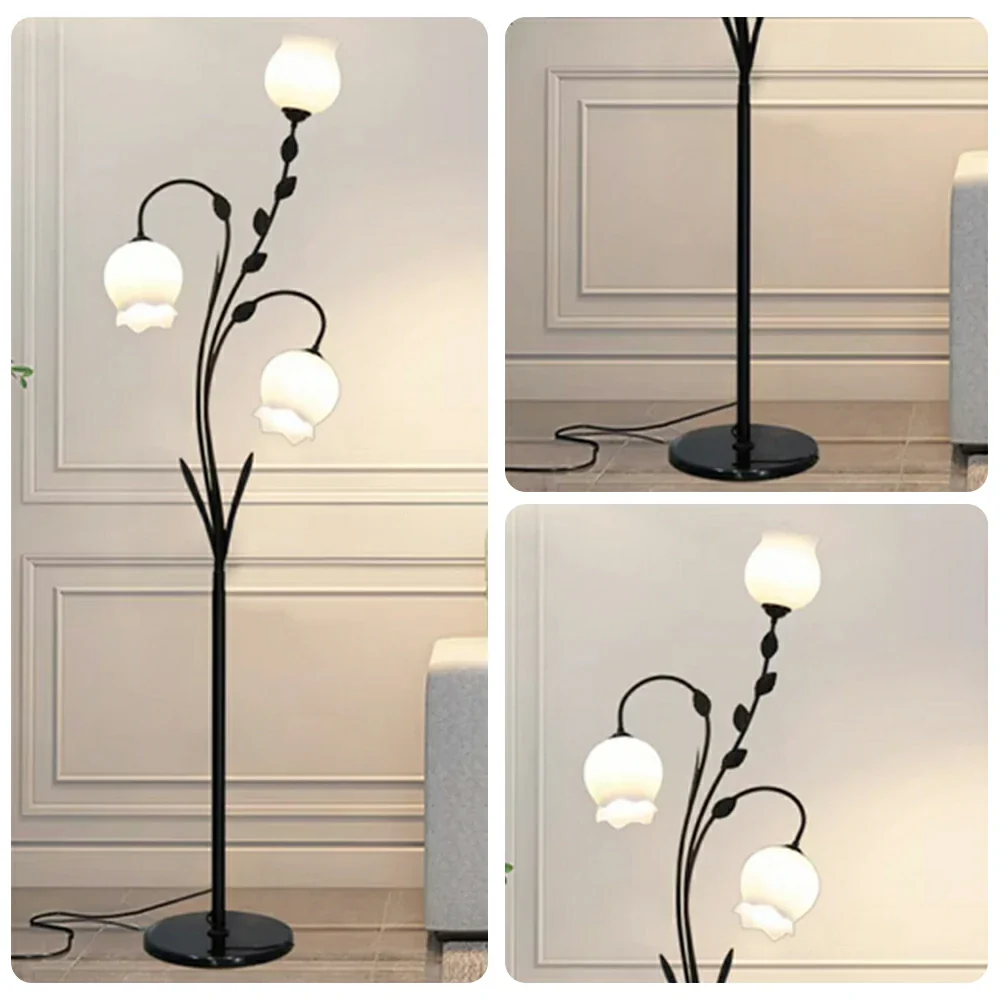 LIVARA Floor Lamp 9/12W Soft Ambient Lighting Glass Shade Triple-Flower Design Stable Marble Base - Black - Image 3