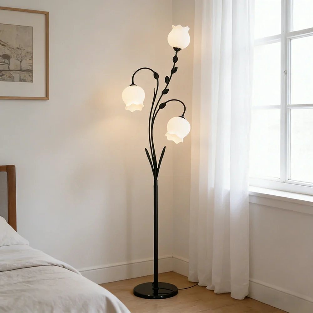 LIVARA Floor Lamp 9/12W Soft Ambient Lighting Glass Shade Triple-Flower Design Stable Marble Base - Black - Image 4