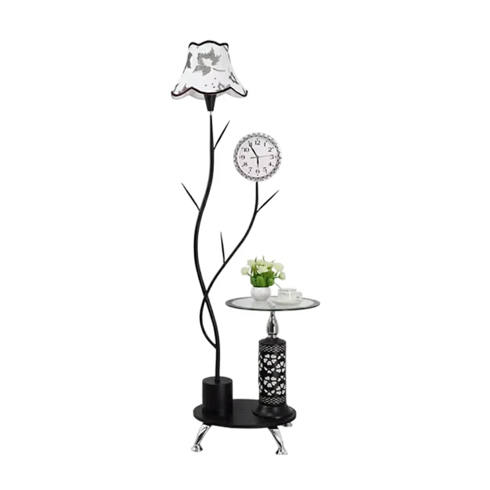 LIVARA 9/12W Floor Lamp Side Table Clock Soft Ambient Lighting Fabric Shade Stable Glass Top Design - Black