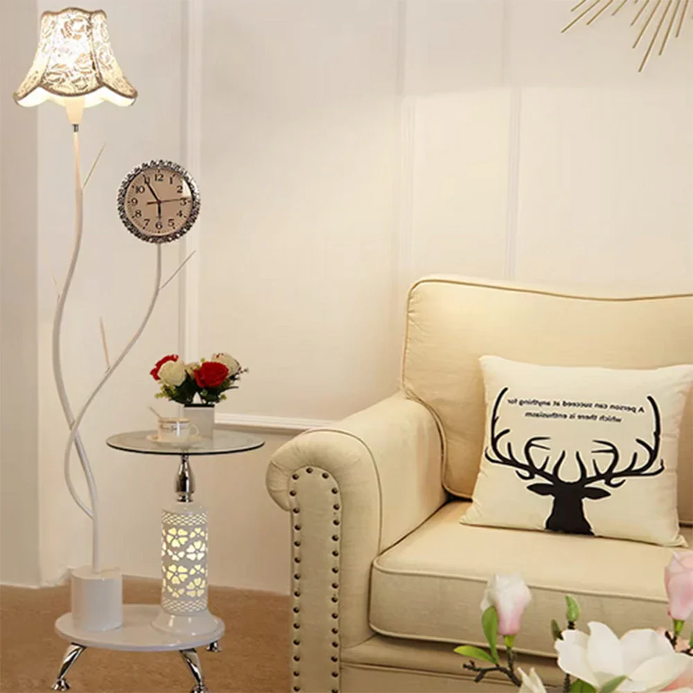 LIVARA 9/12W Floor Lamp Side Table Clock Soft Ambient Lighting Fabric Shade Stable Glass Top Design - White - Image 2