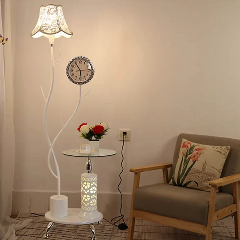 LIVARA 9/12W Floor Lamp Side Table Clock Soft Ambient Lighting Fabric Shade Stable Glass Top Design - White - Image 4