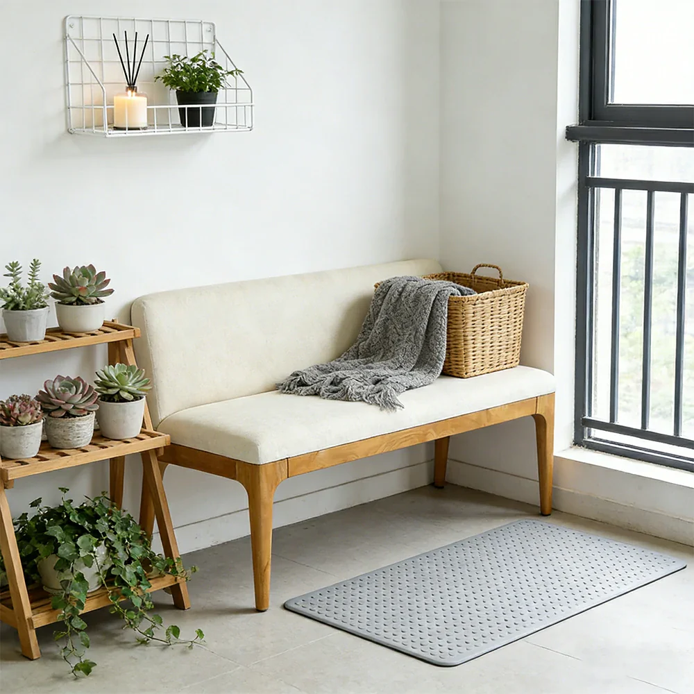 LIVARA Solid Wood Upholstered Bench - 120/140cm Entryway & Dining Bench with Padded Seat, High-Density Foam & Sturdy Legs - Cream - Image 2