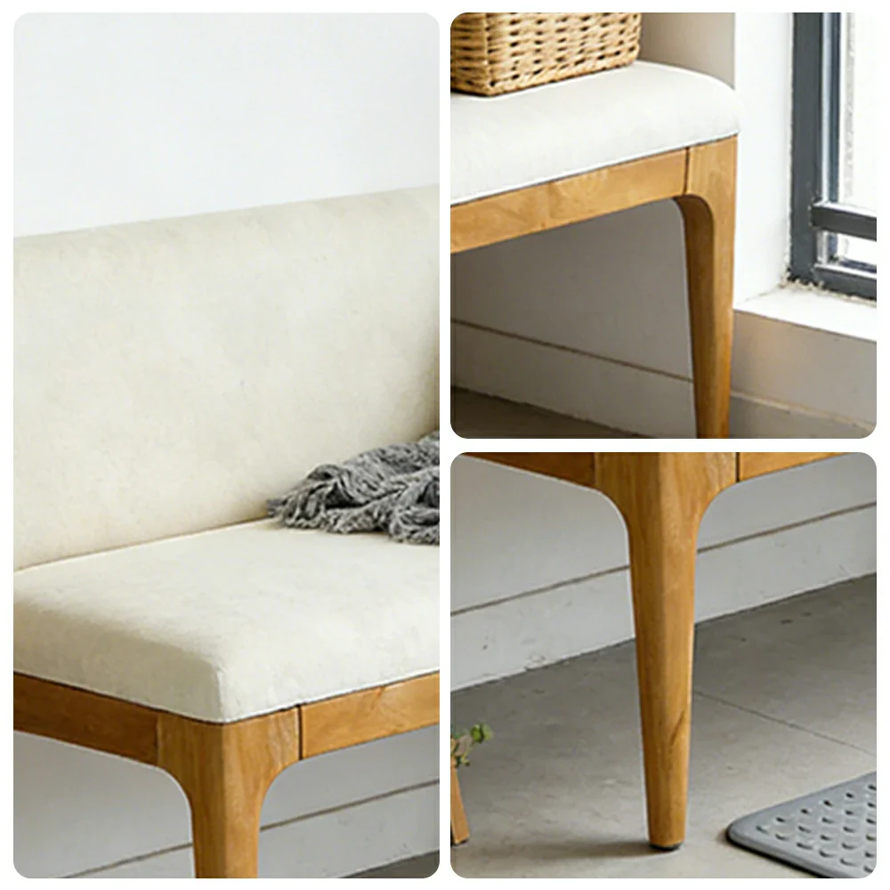 LIVARA Solid Wood Upholstered Bench - 120/140cm Entryway & Dining Bench with Padded Seat, High-Density Foam & Sturdy Legs - Cream - Image 3