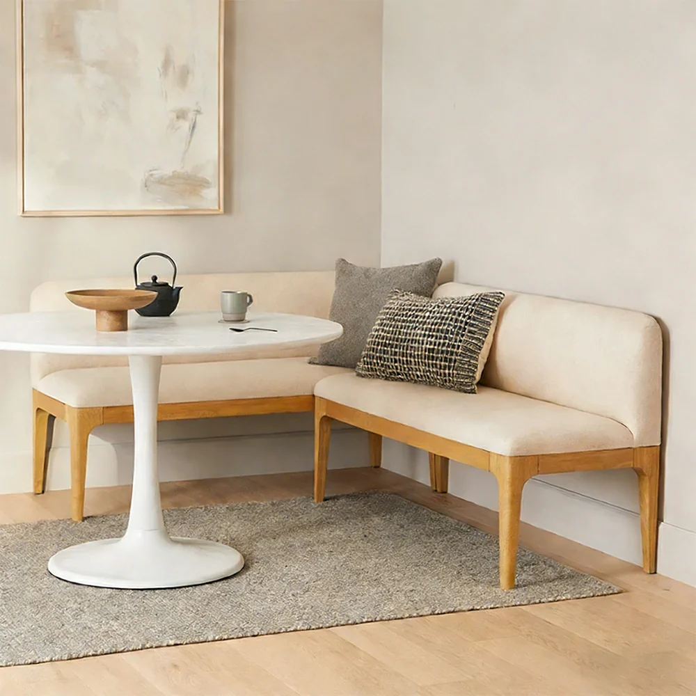 LIVARA Solid Wood Upholstered Bench - 120/140cm Entryway & Dining Bench with Padded Seat, High-Density Foam & Sturdy Legs - Cream - Image 4
