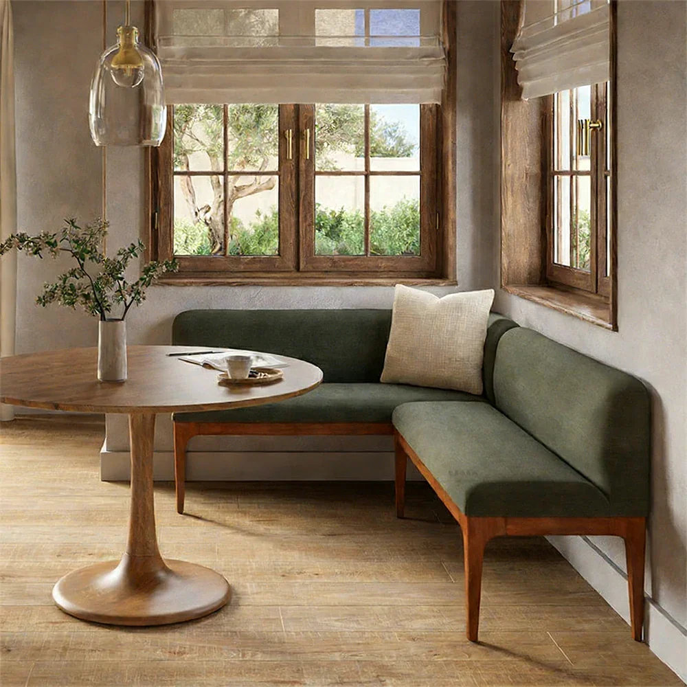 LIVARA Solid Wood Upholstered Bench - 120/140cm Entryway & Dining Bench with Padded Seat, High-Density Foam & Sturdy Legs - Green - Image 2