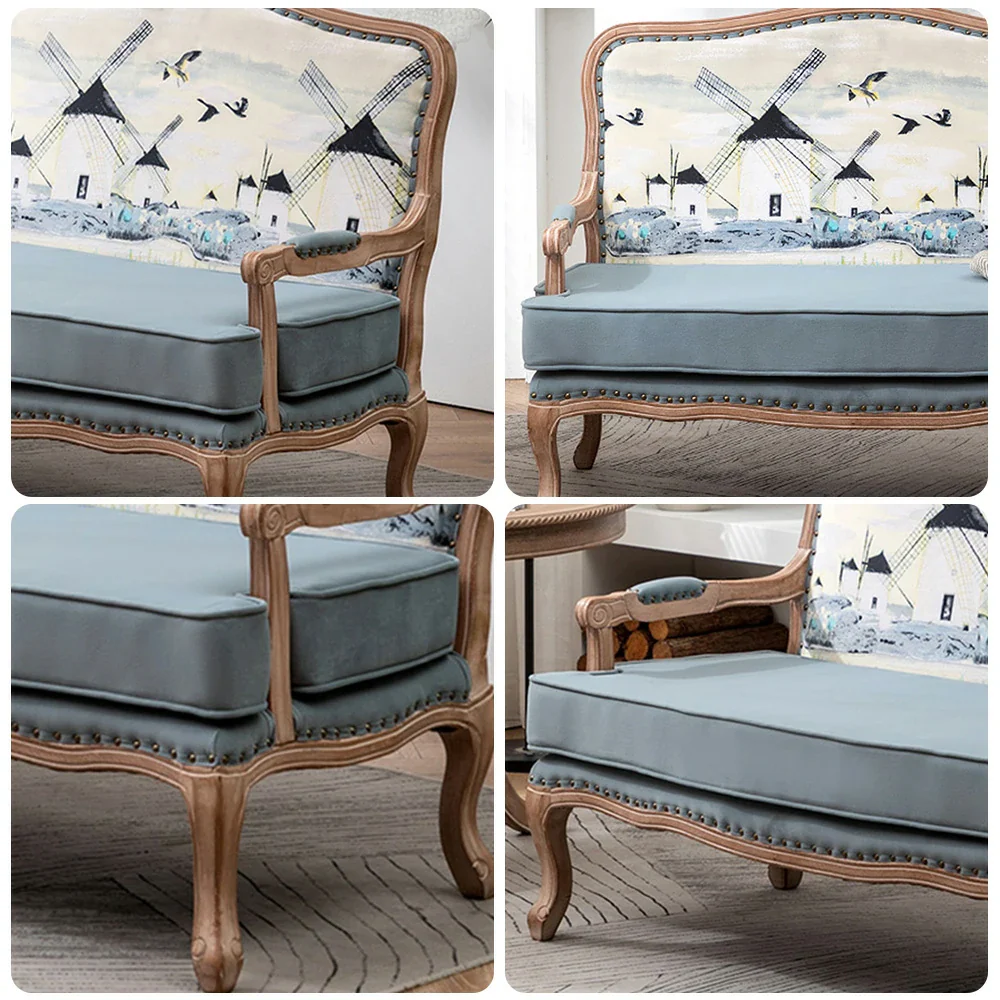 LIVARA 2-Seater Vintage Fabric Sofa Chair - 3D Pattern Backrest, Soft Blue Cushions, Solid Wood Carved Frame, Elegant Living Room Double Sofa - Blue - Image 3