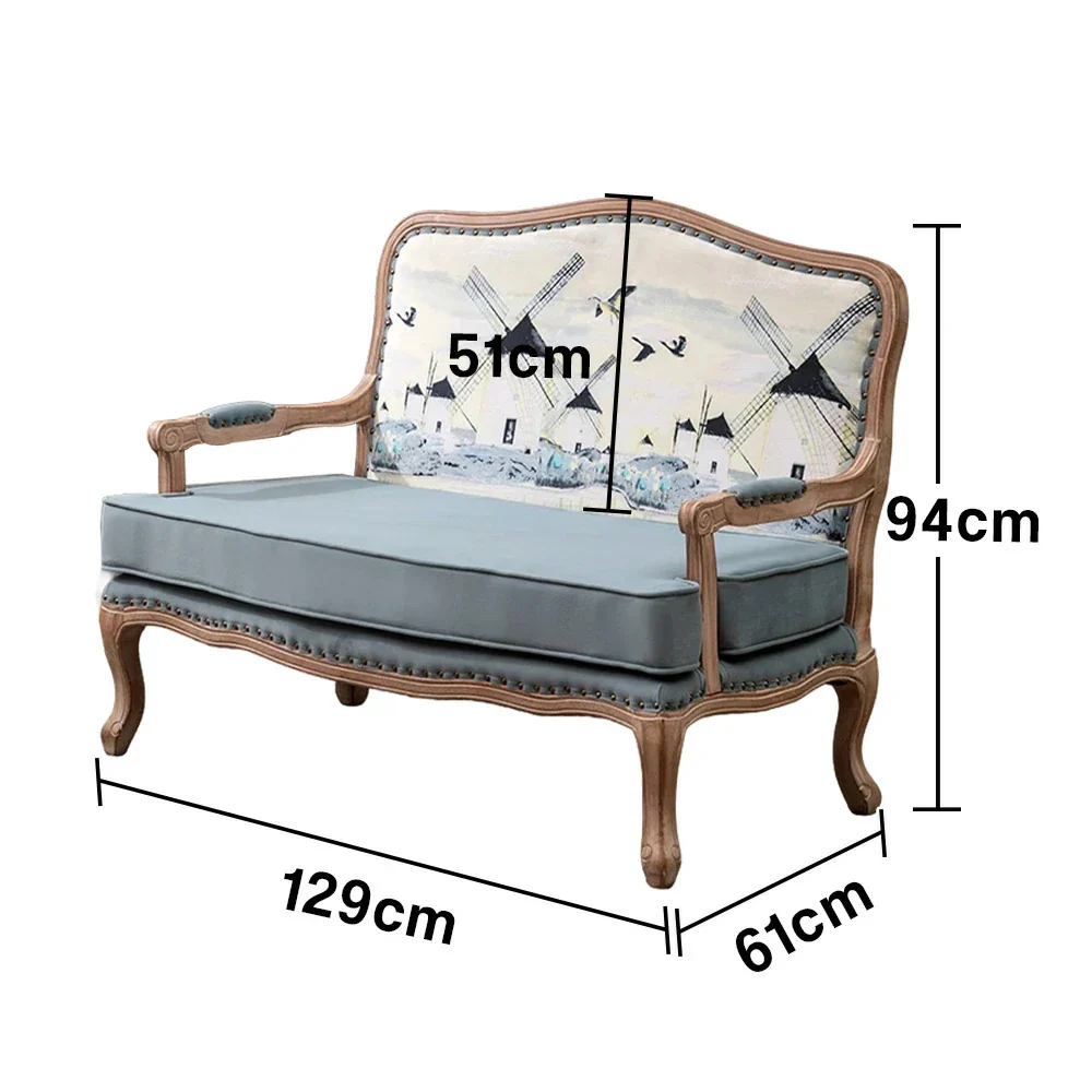 LIVARA 2-Seater Vintage Fabric Sofa Chair - 3D Pattern Backrest, Soft Blue Cushions, Solid Wood Carved Frame, Elegant Living Room Double Sofa - Blue - Image 5
