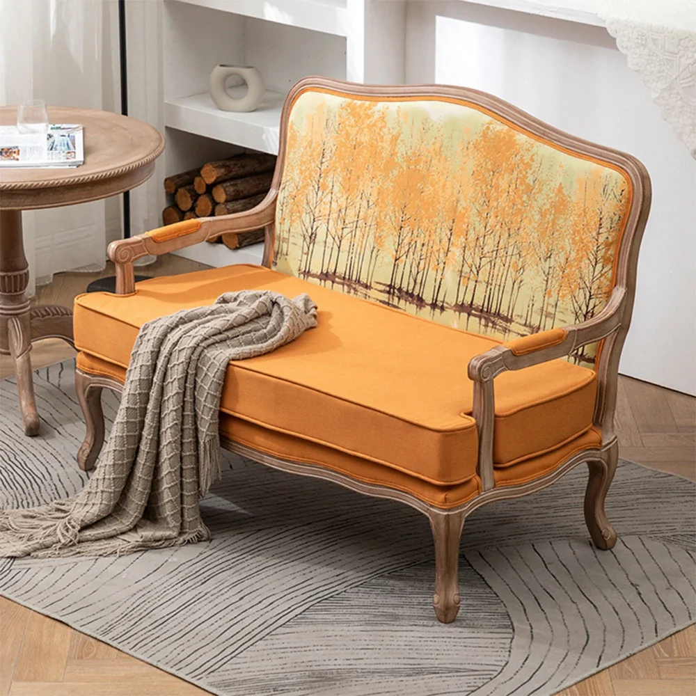 LIVARA 2-Seater Vintage Fabric Sofa Chair - 3D Pattern Backrest, Soft Yellow Cushions, Solid Wood Carved Frame, Elegant Living Room Double Sofa - Yellow - Image 2