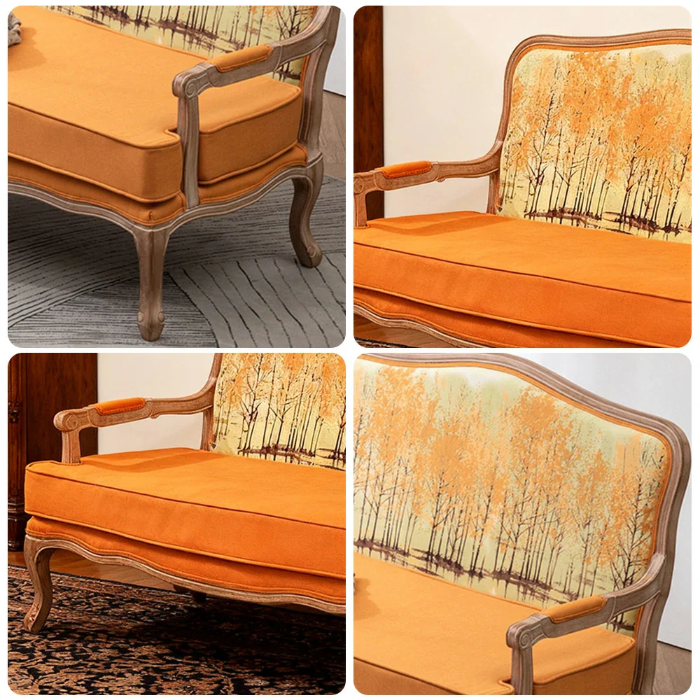 LIVARA 2-Seater Vintage Fabric Sofa Chair - 3D Pattern Backrest, Soft Yellow Cushions, Solid Wood Carved Frame, Elegant Living Room Double Sofa - Yellow - Image 3