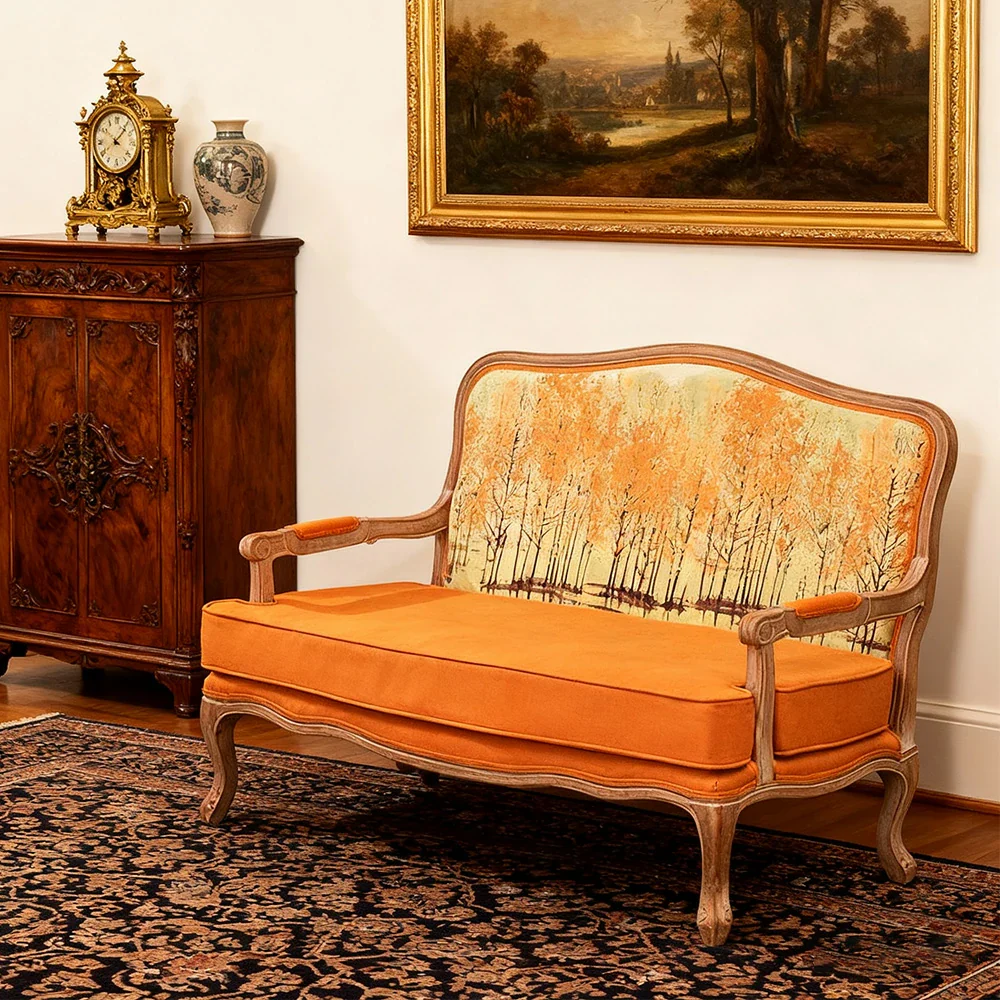 LIVARA 2-Seater Vintage Fabric Sofa Chair - 3D Pattern Backrest, Soft Yellow Cushions, Solid Wood Carved Frame, Elegant Living Room Double Sofa - Yellow - Image 4