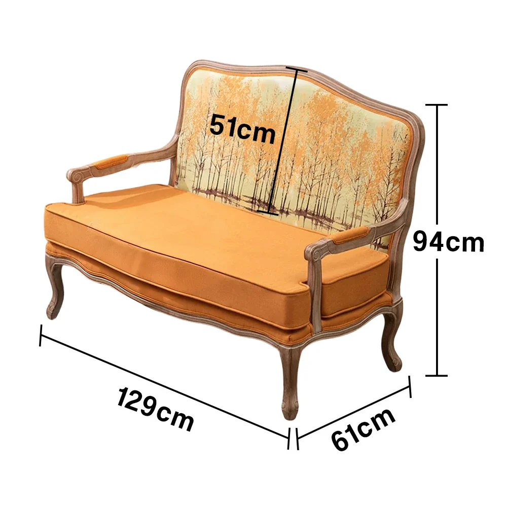 LIVARA 2-Seater Vintage Fabric Sofa Chair - 3D Pattern Backrest, Soft Yellow Cushions, Solid Wood Carved Frame, Elegant Living Room Double Sofa - Yellow - Image 5