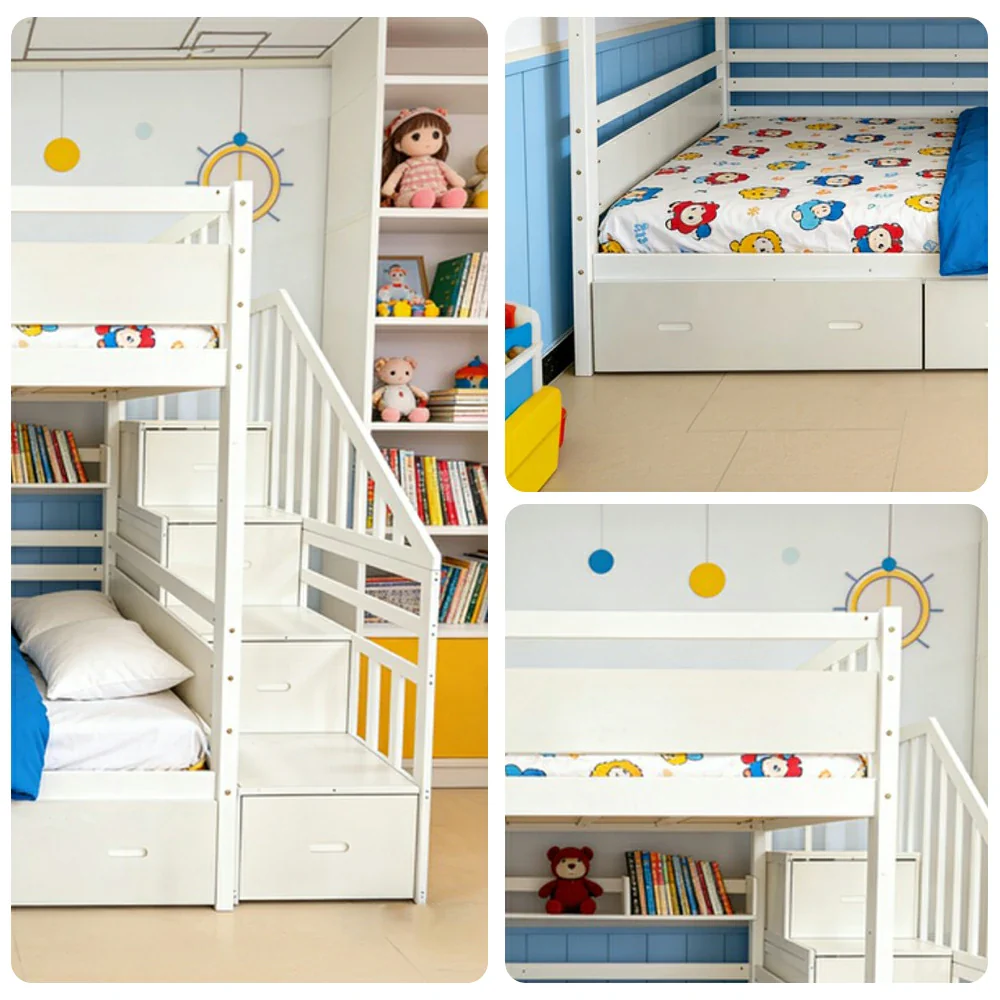 LIVARA Double Over Double Bunk Bed Frame, Solid Pine Timber Construction, Safety Guardrails, Large Storage Drawers & Shelves - White - Image 3