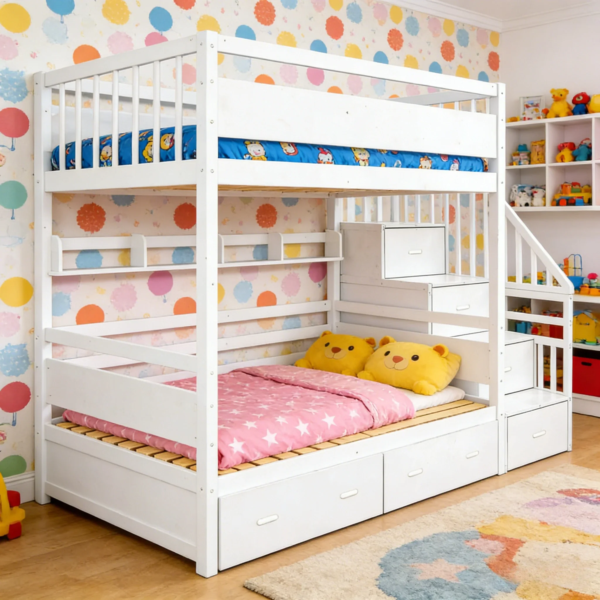 LIVARA Double Over Double Bunk Bed Frame, Solid Pine Timber Construction, Safety Guardrails, Large Storage Drawers & Shelves - White - Image 4