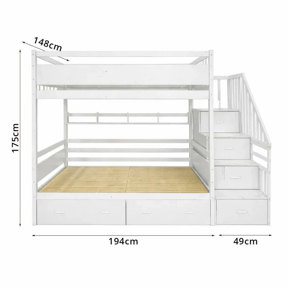 LIVARA Double Over Double Bunk Bed Frame, Solid Pine Timber Construction, Safety Guardrails, Large Storage Drawers & Shelves - White - Image 5