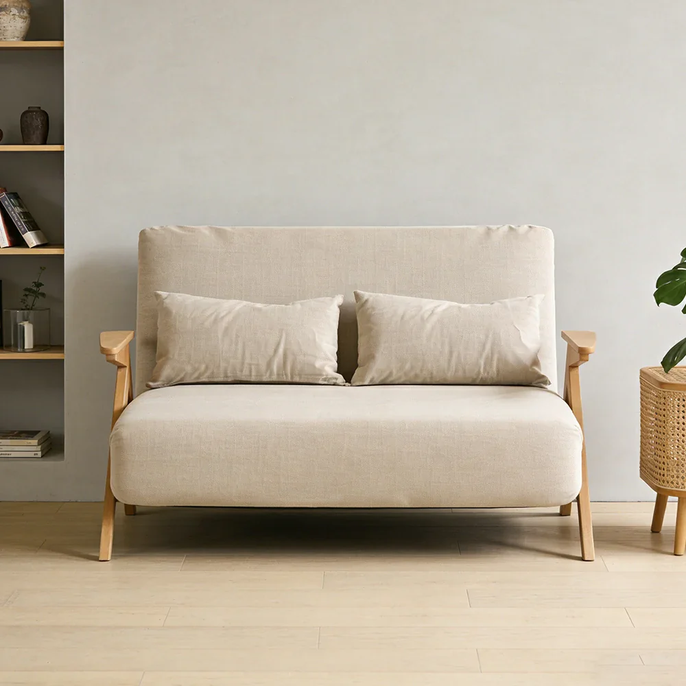 LIVARA 86/136cm Convertible Linen Sofa Bed, 3-in-1 Folding Design, Adjustable Backrest, Solid Wood Armrests, Single/Double Sleeper for Small Spaces - Beige - Image 4
