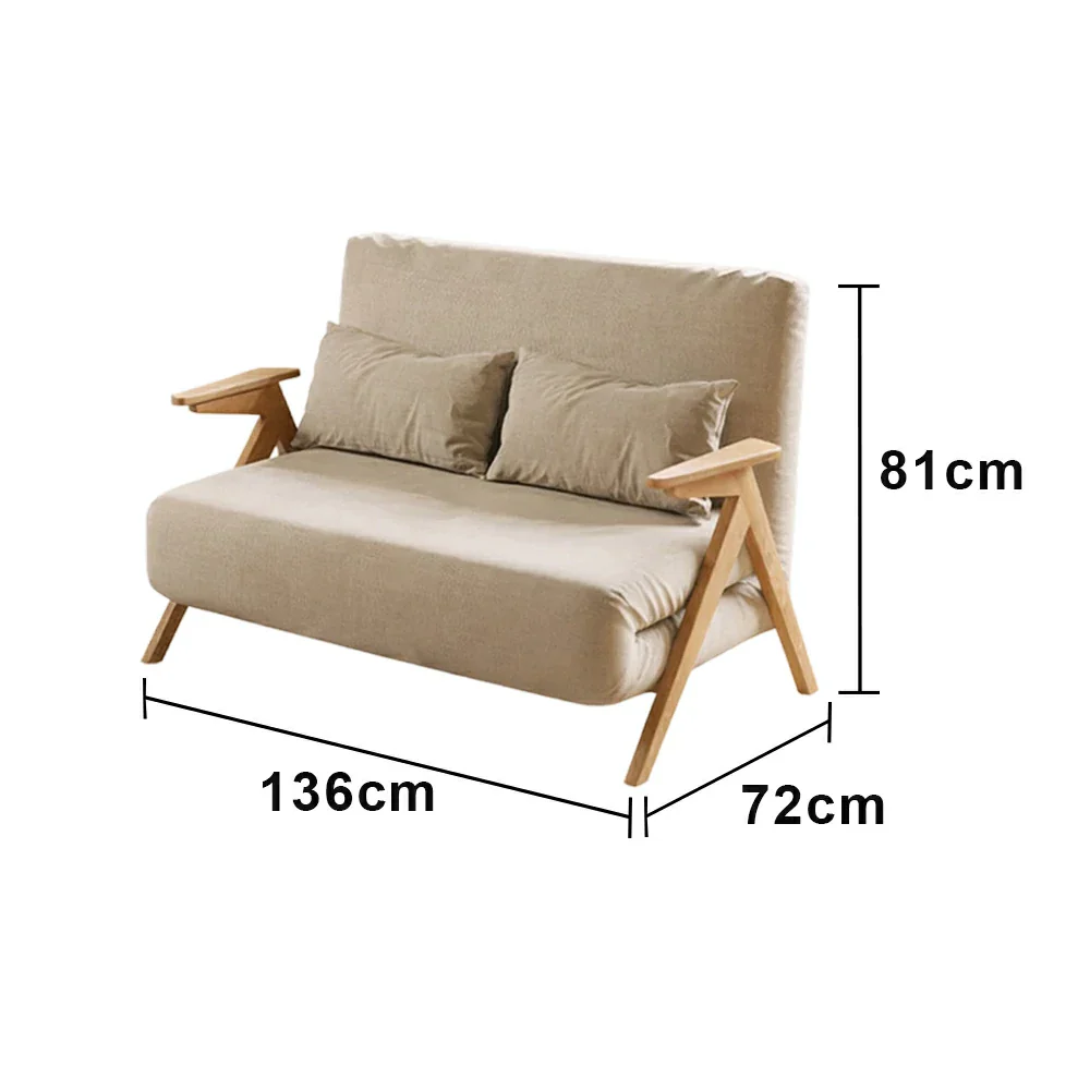 LIVARA 86/136cm Convertible Linen Sofa Bed, 3-in-1 Folding Design, Adjustable Backrest, Solid Wood Armrests, Single/Double Sleeper for Small Spaces - Beige - Image 6