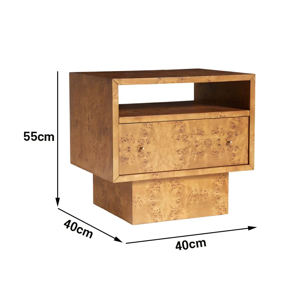 LIVARA Burl Wood Bedside Table - Open Shelf and Drawer Storage, 66cm Nightstand for Bedroom - Burl Wood - Image 5