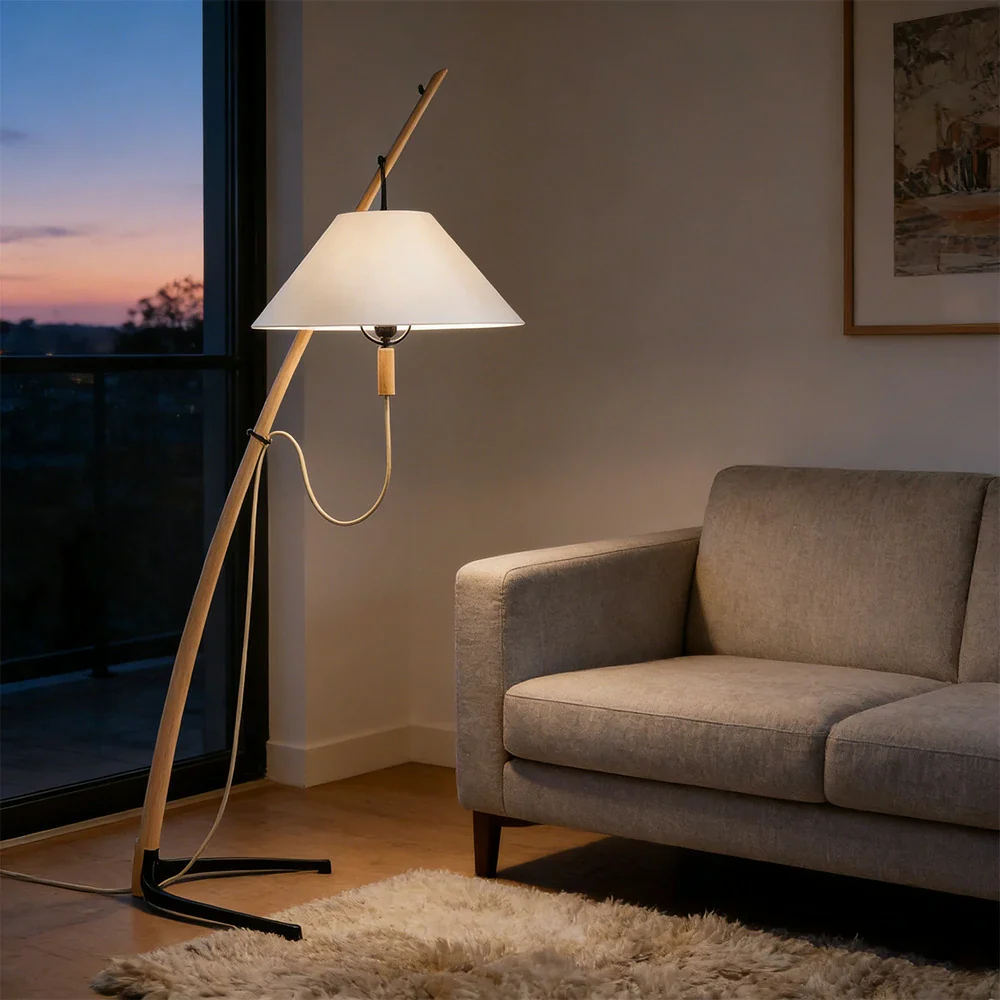 LIVARA Floor Lamp Soft Ambient Lighting Linen Shade Metal & Ash Wood Base Sculptural Tree-Inspired Design - Wood - Image 4