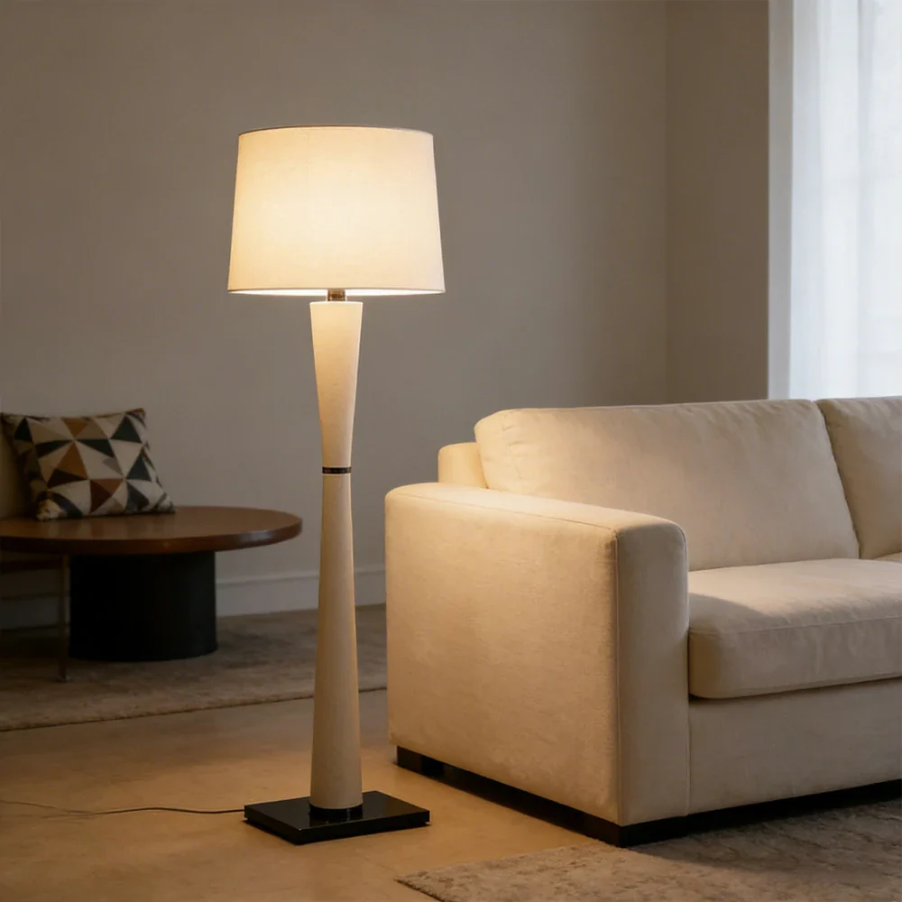 LIVARA Floor Lamp Soft Ambient Lighting Fabric Shade Iron & Leather Body Brushed Electroplated Finish - Image 2