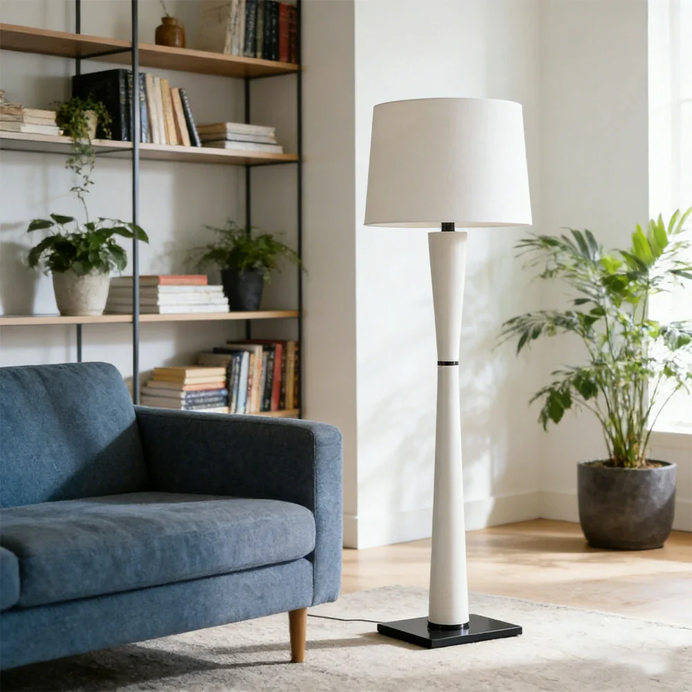 LIVARA Floor Lamp Soft Ambient Lighting Fabric Shade Iron & Leather Body Brushed Electroplated Finish - Image 4