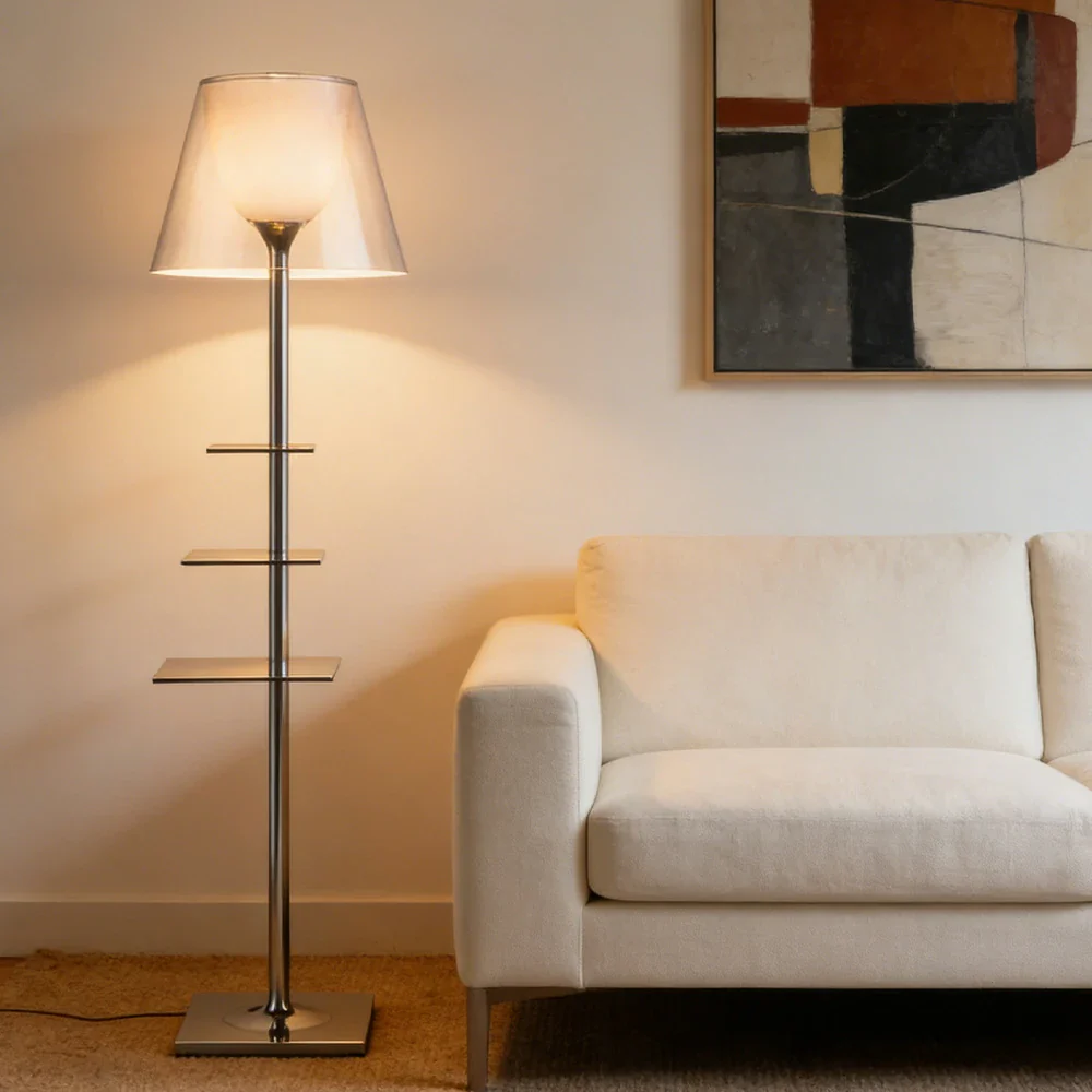 LIVARA Floor Lamp 2-in-1 Lighting & Storage Acrylic Shade Iron Frame Rotatable Multi-Tier Trays - White - Image 4