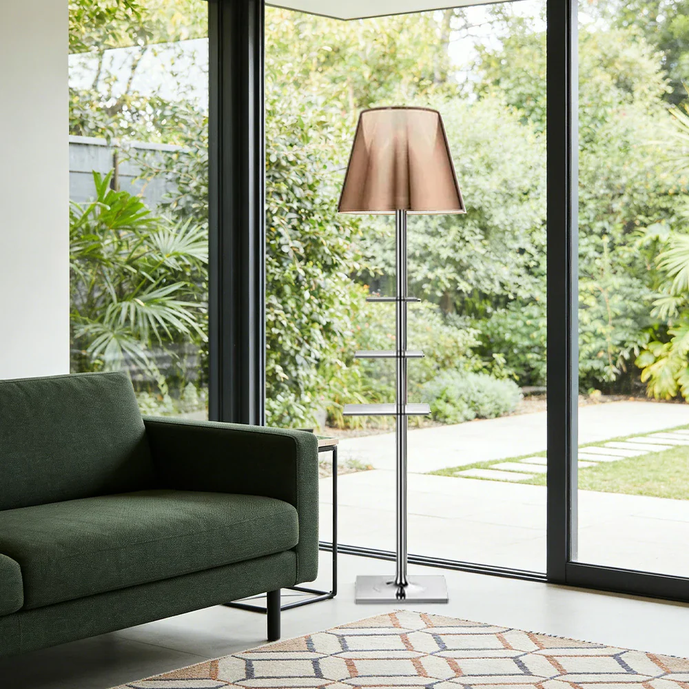 LIVARA Floor Lamp 2-in-1 Lighting & Storage Acrylic Shade Iron Frame Rotatable Multi-Tier Trays - Brown - Image 2