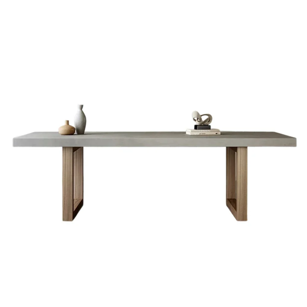 LIVARA Dining Table Concrete-Style Top Wooden Legs Easy-Clean Spill-Resistant Surface - Grey