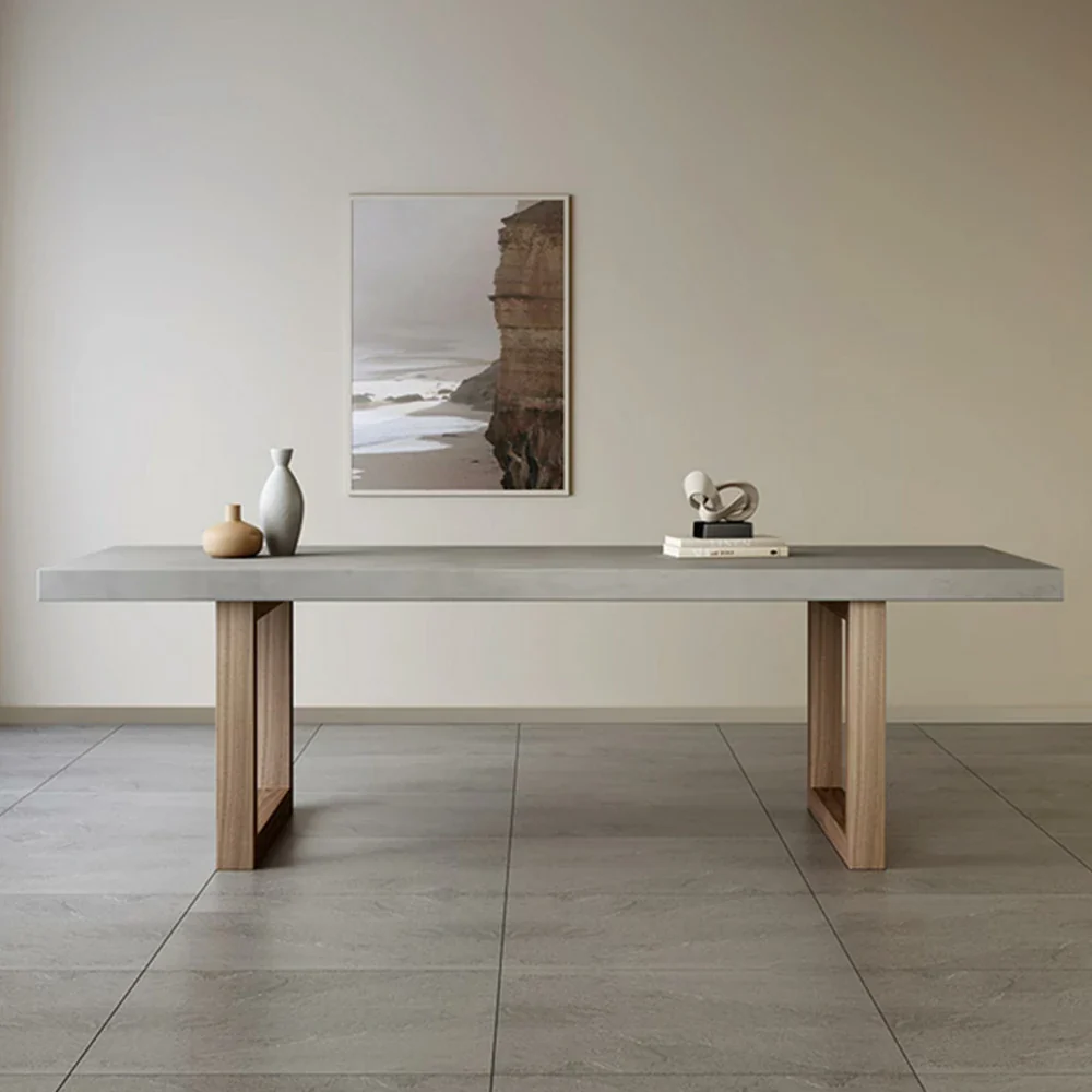 LIVARA Dining Table Concrete-Style Top Wooden Legs Easy-Clean Spill-Resistant Surface - Grey - Image 2